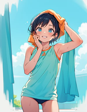 Masterpiece, Top quality, High definition, Artistic composition, One girl, front view, track, cyan and orange sportswear, smiling, sweating, wiping her face with a towel, looking away, short hair, bold composition