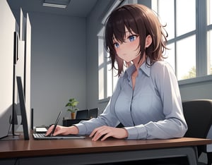 (masterpiece, top quality), high definition, artistic composition, 1 woman, collared cutter shirt, stylish office, looking at computer on desk, sleepy, messy hair, morning, white light shining through, window seat, all night, expressionless, striking light, dramatic