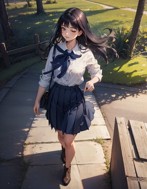 Masterpiece, Top Quality, High Definition, Artistic Composition, 1 girl, close-up of face, from above, smiling, opening thin eyes, khaki cotton shirt, long navy blue skirt, park, portrait, dark hair, walking, looking away