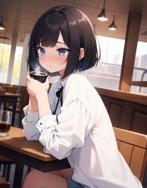 (masterpiece, top quality), high definition, artistic composition, 1 girl, black hair, pouting, tears, blushing, looking away, looking down, hands on table, holding coffee cup, top From, Dutch angle, bob cut