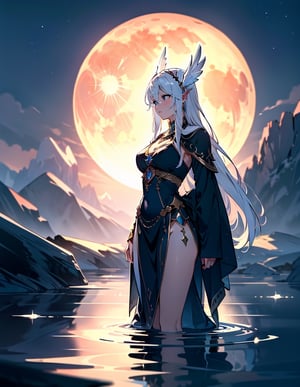 (masterpiece, top quality), high definition, artistic composition, 1 female, divine, large moon, reflection in water, cold, impressive light, fantasy, Norse mythology, descent, Valkyrie
