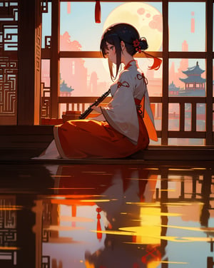 (masterpiece, top quality), high definition, artistic composition, 1 girl, Chinese traditional clothes, playing Chinese folk instrument, looking away, calm face, relaxing, Chinese wooden architecture, sitting by window, night, full moon reflected on water, wooden floor