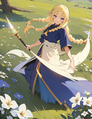 Masterpiece, Top quality, High definition, Artistic composition, One girl, Elf wizard, Navy blue robe, Khaki skirt, Magic wand made of wood, Long blonde hair, Hair in braids, Smiling, Posing, Meadow, Cheerful, Sharp eyes, Fantasy