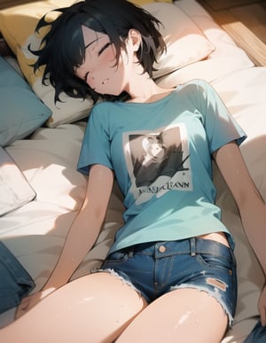 (masterpiece, top quality), high definition, artistic composition, 1 girl, t-shirt, denim shorts, short hair, sleeping with eyes closed, hot, distressed, fan, cluttered small room, from above, sloppy, portrait, summer, wide shot, sweating