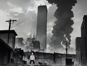 Masterpiece, Top Quality, High Definition, Artistic Composition, 1 girl, blank expression, white shirt, black skirt, 1960s Japan, short hair, crude clothes, gray sky, big factory, lots of smoke coming from big chimney, melancholy, dark, wide shot