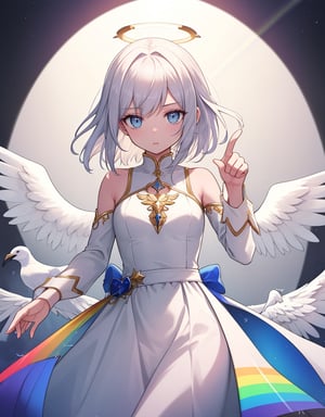 (masterpiece, top quality), high definition, artistic composition, 1 woman, angel, looking down, pointing at me, emphasis on finger, beautiful light, halo, rainbow, beautiful angel feathers, calm eyes, dancing bird feathers, dramatic, striking light

