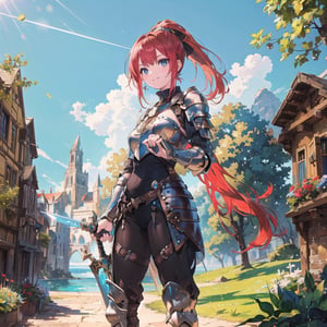 Masterpiece, top quality, 1 girl, bikini armor, standing, bold pose, red hair, ponytail, big eyes, smiling, see-through, holding huge sword, beautiful nature, western medieval city, natural light, hair shining, fantasy, blue sky, high definition, artistic composition