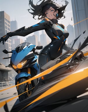 (masterpiece, top quality), high definition, artistic composition, 1 woman, black hair, smiling, driving a large motorcycle, black and blue rider suit, black and orange motorcycle, futuristic, front view, dynamic, Fast, Ruined City, Crumbling Buildings, Bold Composition, Dutch Angle, Science Fiction, Motion Blur, Perspective