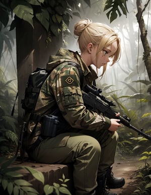 (masterpiece, top quality), high definition, artistic composition, 1 girl, camouflage, blonde hair, bunched back, dirty face, tired, staring at ground, holding machine gun, sitting down, dark jungle, dark green, dramatic, guerilla, looking away