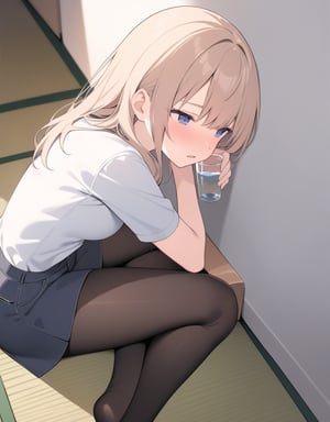 (masterpiece, top quality), high definition, artistic composition, 1 woman, sober casual fashion, pantyhose, sitting on tatami, leaning against wall, Extending the leg, looking sad, nose blush, looking away, holding glass of water, from above, mouth agape complaining, complaining, complaining.


