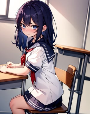 (masterpiece, top quality), high definition, artistic composition, 1 female, angry, staring at me, stupid hair, cute, young, sailor outfit, classroom, seated, hand tapping desk, blushing, from side