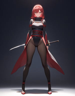 (masterpiece, top quality), high definition, artistic composition, 1 woman, leotard-style ninja costume, stylish standing pose, simple dark background, long extended shadow, red hair band and sash, small sword