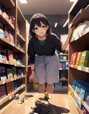  Masterpiece, top quality, high definition, artistic composition, 1 woman, smiling, smiling with mouth open, toy store, leaning forward, peeking, shelves lined with toys, hands forward, childish adult, happy, Japan, wide angle, side view, looking away