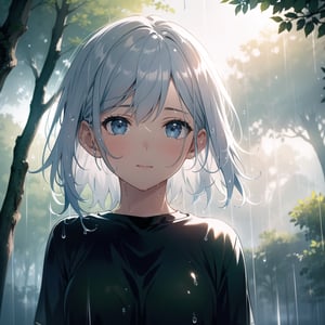 Masterpiece, Top Quality, High Definition, Artistic Composition,1 woman, sad face, bust shot, wet, raining, silver hair, blue eyes, wet t-shirt, backlit, light shining, beautiful trees green, high contrast