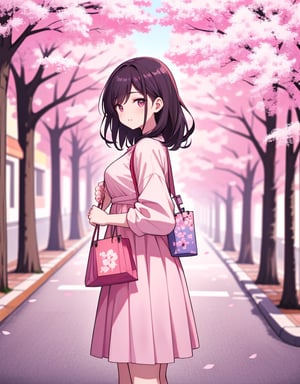  Masterpiece, top quality, high quality, artistic composition, one woman, housewife, carrying shopping bag, casual fashion, standing, front view, downtown shopping street, cherry blossom tree, cherry blossoms in bloom, petals dancing, nice weather, portrait,<lora:659111690174031528:1.0>