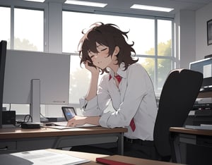 (masterpiece, top quality), high definition, artistic composition, 1 woman, collared cutter shirt, stylish office, looking at computer on desk, sleepy, messy hair, morning, white light shining through, window seat, all night, expressionless, striking light, dramatic