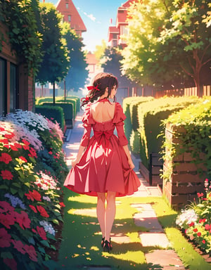 (Masterpiece, Top Quality), High Definition, Artistic Composition, 1 girl, 15 years old, pink dress, back showing, smiling, from behind, hands behind back, walking tall, garden, young lady, red ribbon, turning around