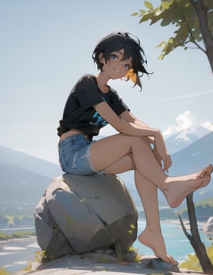 Masterpiece, Top Quality, High Definition, Artistic Composition,1 girl, smiling, soles of feet, t-shirt, jean shorts, sitting on stone, mountains, river, blue sky, from below, short hair, tanned, blue sky, bold composition