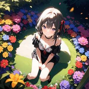 Masterpiece, Top Quality, High Definition, Artistic Composition,1 girl, black dress, red ribbon, choker, smiling, sitting, from front, spread legs, hand between legs, from above, English garden, surrounded by colorful flowers