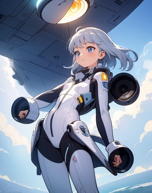 Masterpiece, Top Quality, High Definition, Artistic Composition,1 girl, silver pilot suit, on small saucer shaped UFO, smiling, looking away, retro-futuristic, cartoon, flying, from below, backlit, wide shot,