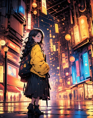 Masterpiece, top quality, high definition, artistic composition, cartoon, one woman, bad wife, yellow dress, night town, downtown, blurred background, smiling, looking up, looking away, dramatic