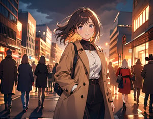 Masterpiece, top quality, high definition, artistic composition, 1 woman, walking, casual, beige coat, urban style, hands behind back, handbag, (looking up), (smiling), sad, saying goodbye, May Storm, night town, dramatic, side composition, cowboy shot, Dutch angle, backlighting, background blur