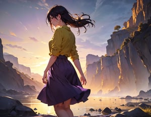 Masterpiece, Top quality, High definition, Artistic composition, 1 girl, from side, walking, hands behind back, looking away, lonely smile, mouth open, talking, dusk, riverbed, yellow-green shirt, purple skirt, striking light, portrait
