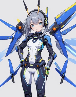 Masterpiece, Top Quality, High Definition, Artistic Composition, 1 girl, standing, one hand on hip, model pose, smiling, blue science fiction movie pilot suit, blue base color, yellow-green assorted colors, orange accent color, all gray background, Japanese anime style, headset with blade antennae, android-like armored parts,