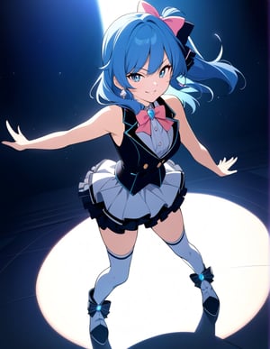 (masterpiece, top quality), high definition, artistic composition, 1 girl, 1980s idol fashion, anime, big bow tie with brooch, white two-socks, gravure pose, stage, backlight, light reflected on floor, from above, smirk, knee high boots, Sleeveless, blue hair