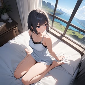 (masterpiece, top quality), high definition, artistic composition, 1 girl, camisole, composition from above, wariza on bed by window, looking away, bob cut, beautiful landscape