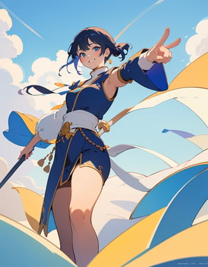 Masterpiece, Top Quality, High Definition, Artistic Composition, One girl, full smile, V-sign with right hand, close-up of fingers, powerful, confident, bold composition, from front, smiling, reaching out, from below, blue sky, fantasy, monk, holding staff in left hand