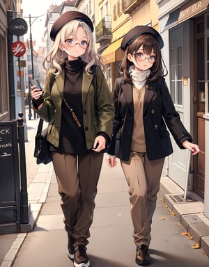 Masterpiece, Top Quality, High Definition, Artistic Composition,1 Woman, Walking in the street, Front view, Looking away, Smiling, Round-rimmed glasses, Black beret, Olive jacket, White knit, Brown pants, Khaki sneakers, Casual, Portrait, Monotone street scene, French style