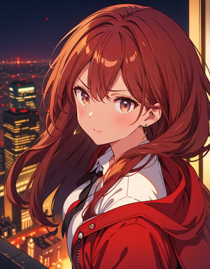Masterpiece, top quality, high definition, artistic composition, 1 girl, angry, arms crossed, from above, from front, close-up of face, red rouge, golden earrings, dark green jacket, white shirt, night city, city lights, bold composition, powerful