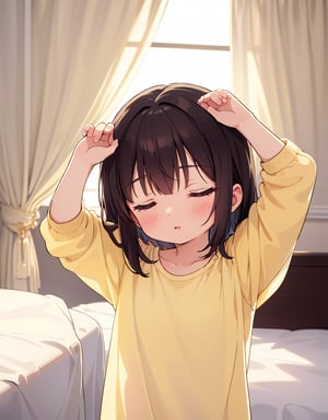 Masterpiece, Top Quality, High Definition, Artistic Composition, One Girl, Cream Yellow Cotton Shirt, On Bed, Getting Up, Eyes Closed, Mouth Open and Absent, Right Arm Up, Girlish Gestures, Backlight, Bedroom, Morning, Curtain, Impressive Light, Sleeping, Sleepy, Portrait, Low contrast, dark hair, loungewear, pleasant-looking,chibi
