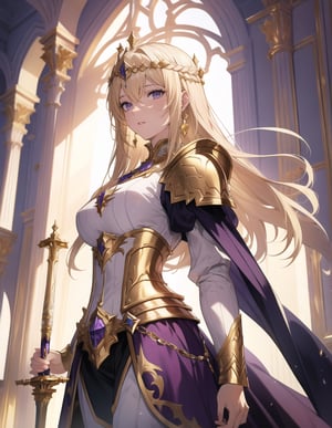 (Masterpiece, Top Quality), High Definition, Artistic Composition, 1 Woman, Blonde Hair, Standing, Purple Armor, Gold Ornaments, Nobility, From Below, Beautiful Sword, White Marble Construction, High Ceiling, Impressive Light, Nobility, Stately, Fantasy, From Side