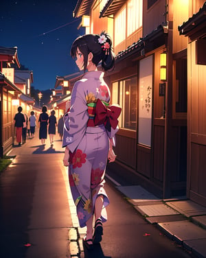 (Masterpiece, Top Quality), High Definition, Artistic Composition, 1 female, Embarrassed, Girlish Gesture, Walking, From Above, From Side, Looking Away, Blushing, Inverted Ponytail, Yukata, Walking, Night, Festival, Dark, Talking, Head Up, Kanzashi, Black Hair