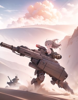 Masterpiece, Top Quality, High Definition, Artistic Composition,1 girl, girl on tank with arms and legs, battle dress, realistic weapon, desert, galloping, composition from above, Dutch angle, dust cloud