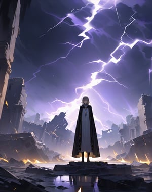 (masterpiece, top quality), high definition, artistic composition, 1 woman, wizard's robe, standing tall, arms extended forward, expressionless, golden eyes, looking down, dark background, large lightning, wide sky, ruins, wide shot, fantasy