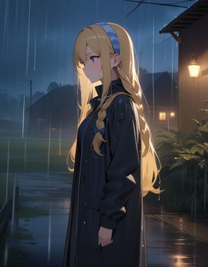 (masterpiece, top quality), high definition, artistic composition, 1 girl, dusk, raining, standing, wet in the rain, blonde hair, braids, large hair band, from the front, rural scene, incandescent electric light, striking light, cold,