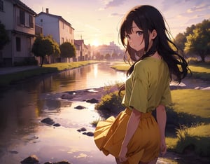 Masterpiece, Top quality, High definition, Artistic composition, 1 girl, from side, walking, hands behind back, looking away, lonely smile, mouth open, talking, dusk, riverbed, yellow-green shirt, purple skirt, striking light, portrait, looking away, looking up to heaven,breakdomain