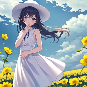 (masterpiece, top quality), 1 girl, high definition, artistic composition, portrait, field of rape blossoms, woman in white dress, wide-brimmed hat, hands clasped behind her body, smiling with mouth open, spinning, posing, looking at me, blue sky, wide shot,<lora:659111690174031528:1.0>