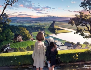 Masterpiece, Top Quality, 2 Girls, Side by Side, One Sitting, Casual Spring Fashion, Back View, Overlooking Japanese Countryside, Stream in Distance, One Large Tree Standing, Sunset, Striking Sky Color, Looking Away, High Definition, Emotional, Large Cloud, Wide Sky