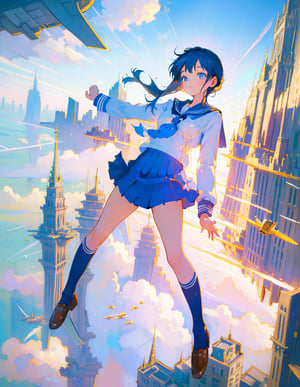 (masterpiece, top quality), high definition, artistic composition, 1 girl, sailor uniform, school uniform, flying, floating in air, city, from above, body twisting, flying pose, perspective, building city, surreal, fantasy