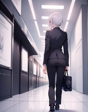 (masterpiece, top quality), high definition, artistic composition, 1 woman, business suit, back view, walking, clean underground walkway, white tile, perspective, quiet, guide light, information board, advertising sign, bright