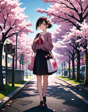  Masterpiece, top quality, high quality, artistic composition, one woman, housewife, carrying shopping bag, casual fashion, standing, front view, downtown shopping street, cherry blossom tree, cherry blossoms in bloom, petals dancing, nice weather, portrait,girl,<lora:659111690174031528:1.0>