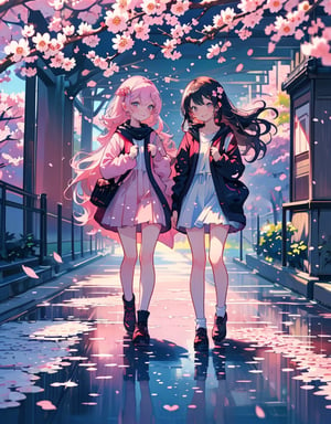  Masterpiece, Top Quality, High Definition, Artistic Composition, 2 girls, smiling, smiling with mouth open, walking and talking, cute gesture, tunnel of cherry trees in watercolor style, spring coordination, portrait, cherry blossom in full bloom, wide shot, cherry blossom frame, pastel colors, action pose,<lora:659111690174031528:1.0>