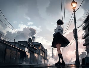 Masterpiece, Top Quality, High Definition, Artistic Composition, 1 girl, blank expression, white shirt, black skirt, 1960s Japan, short hair, crude clothing, gray sky, big factory, lots of chimneys, lots of smoke coming from big chimneys, melancholy, dark, wide shot, portrait, slum, black fog, 13-year-old girl, yellow street lamp, perspective, looking away