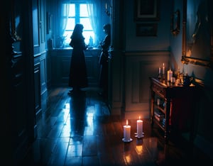 (masterpiece, top quality), high definition, artistic composition, 3 women, talking, scared, excited, dark room, darkness, one candle, sitting, small room, ghost story,