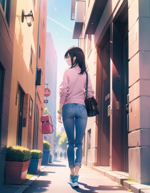 (masterpiece, top quality), high definition, artistic composition, 1 woman, white shirt, pink cardigan, blue pants, blue-green second bag, black sneakers, urban, walking, Dutch angle, stylish, looking away, full body, black hair, lively