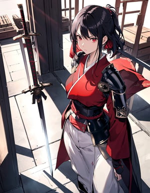  Masterpiece, Top Quality, High Definition, Artistic Composition, 1 Girl, Serious Face, Standing Pose, Kimono-like Bodysuit, White and Red, Sword at Waist, Armored Machine, Slender, Black Hair, Hair Decoration, Japanese Sword at Waist, Full Length, Large Warehouse, Dark, Light Shining